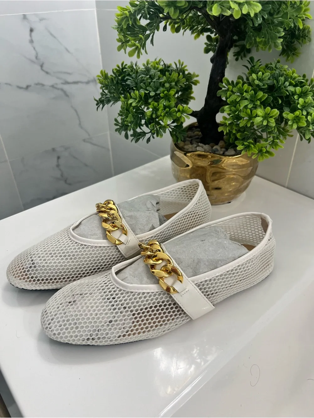 Women’s White Mesh Slip-On Loafers with Gold Chain Accent